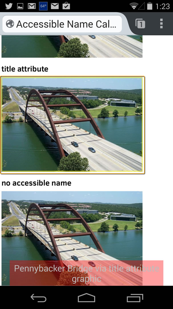 TalkBack reads "Pennybacker Bridge via title attribute graphic"