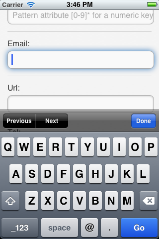 Email keyboard displays alphabet with additional @ and . symbol.