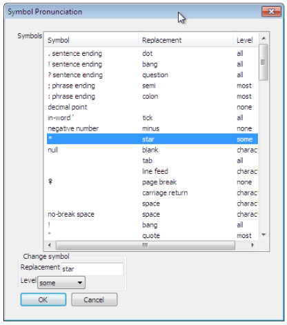 NVDA Symbol Pronunciation settings showing changing the * symbol who's replacement text is star to the level of some.