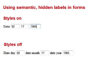 using semantic hidden labels in forms styles on and styles off on 3 digit date field