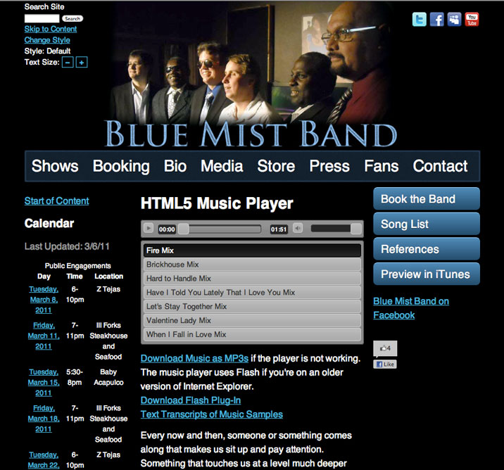 screenshot of blue mist band website