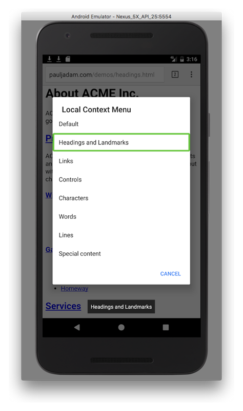 Android Headings and Landmarks Local Context Menu
