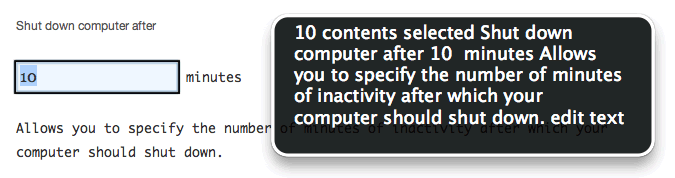 VoiceOver output of Marco's aria-labelledby example. VO reads: 10 contents selected Shutdown computer after 10 minutes Allows you to specify the number of minutes of inactivity after which your computer should shut down. edit text