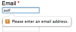 Chrome screenshot Email * text field focused asdf Popover ! Please enter an email address.