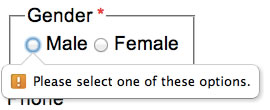 Gender * fieldset legend Male radio button focused Popover ! Please select one of these options. Female radio button.