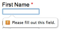 First Name * textbox focused Popover ! Please fill out this field.