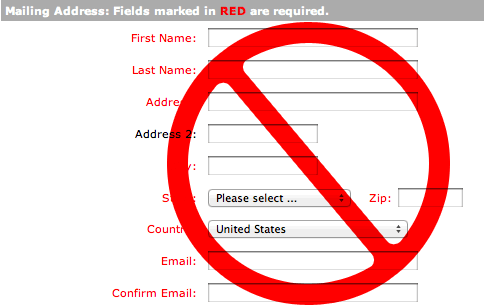 Screenshot of a form that only indicates required fields by coloring their labels red. A big red circle with a line through it is placed over the screenshot.