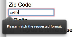 Firefox screenshot Zip Code text field focused asdfa Popover Please match the requested format.