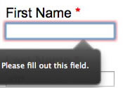 First Name * textbox red border focused Popover Please fill out this field.