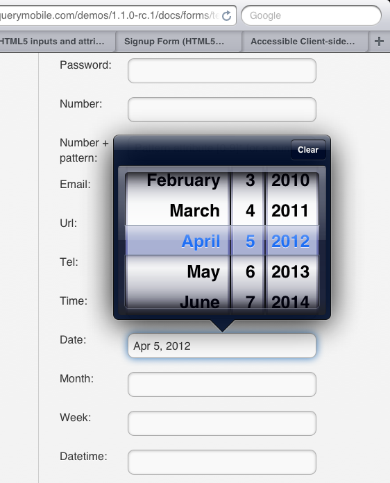 Date type displays a date spinner popover on the iPad.