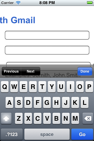 iPhone screenshot of gmail signup form with labels placed to the left. Labels are cut off when input's have focus due to iOS zooming in when the keyboard displays.