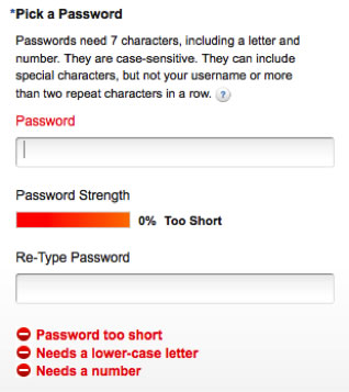 form showing password field instructions, error messages, too short, needs a lower-case letter, needs a number
