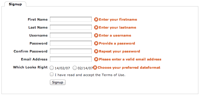 Example of a signup form with inline error messages placed to the right of the labels.