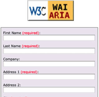 W3C WAI-ARIA badge & screenshot of form with the text (required) colored red and placed in the labels of the required fields.