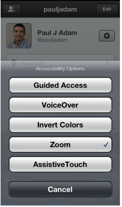 Triple-click Home Accessibility Options include: Guided Access, VoiceOver, Invert Colors, Zoom, and AssistiveTouch