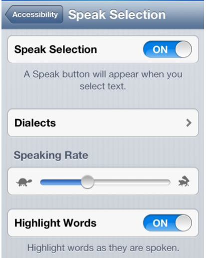Speak selection settings